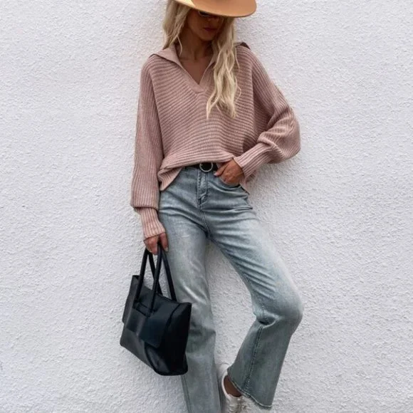 dusty pink V neck collar batwing sleeve knit sweat - Picture 4 of 6